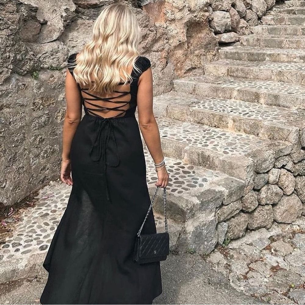 Zara Black Midi Dress with Lace-Up Back